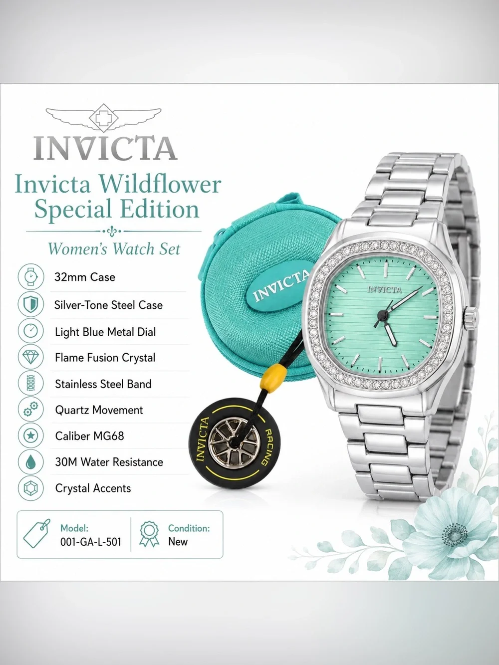 NWT Invicta Wildflower Special Edition 32mm Silver Aqua Watch Set 001-GA-L-501